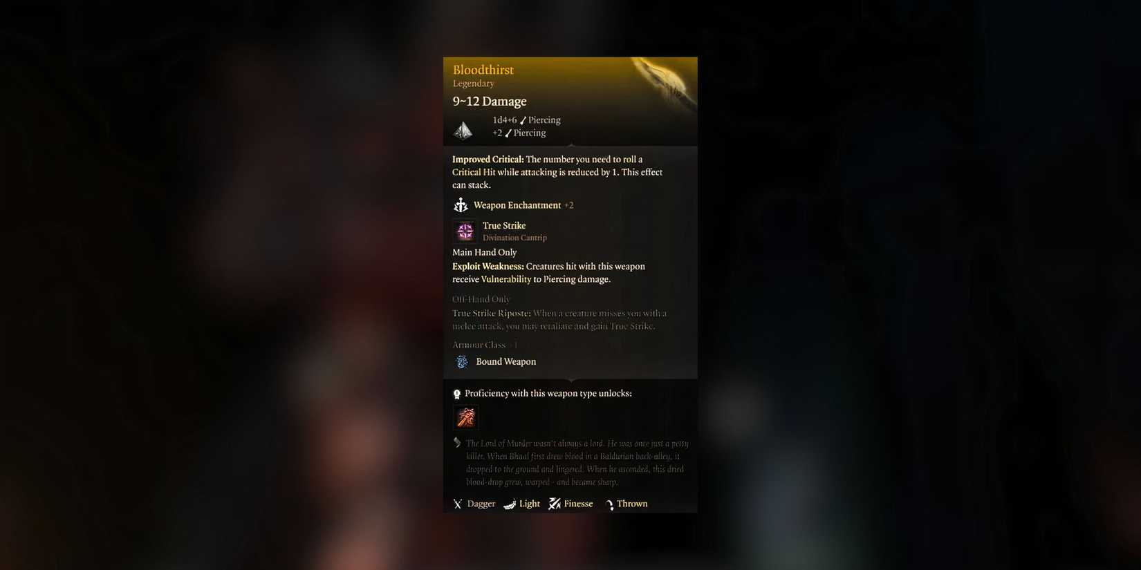 Item description for Bloodthirst dagger in Baldur's Gate 3
