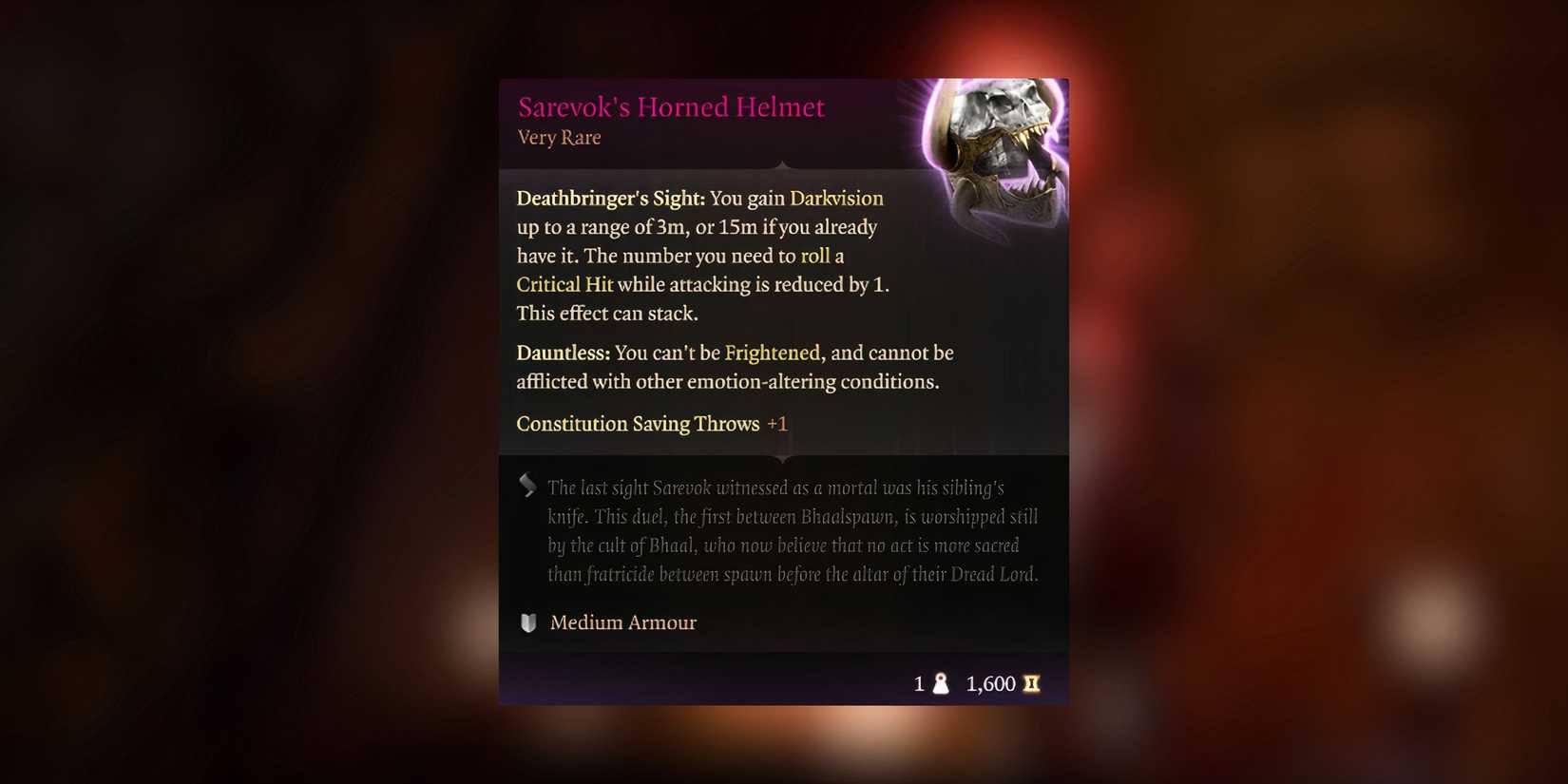 Item description for Sarevok's Horned Helmet in Baldur's Gate 3