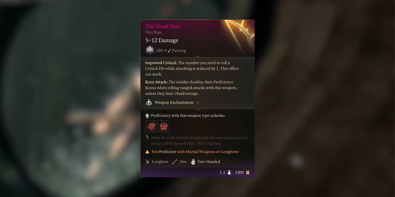 The Dead Shot bow item description in Baldur's Gate 3