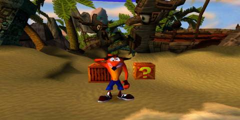 Crash standing on the beach in Crash Bandicoot
