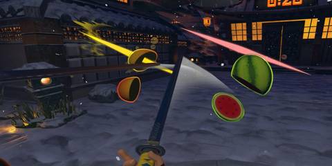 Cutting up a watermelon with sword in Fruit Ninja VR