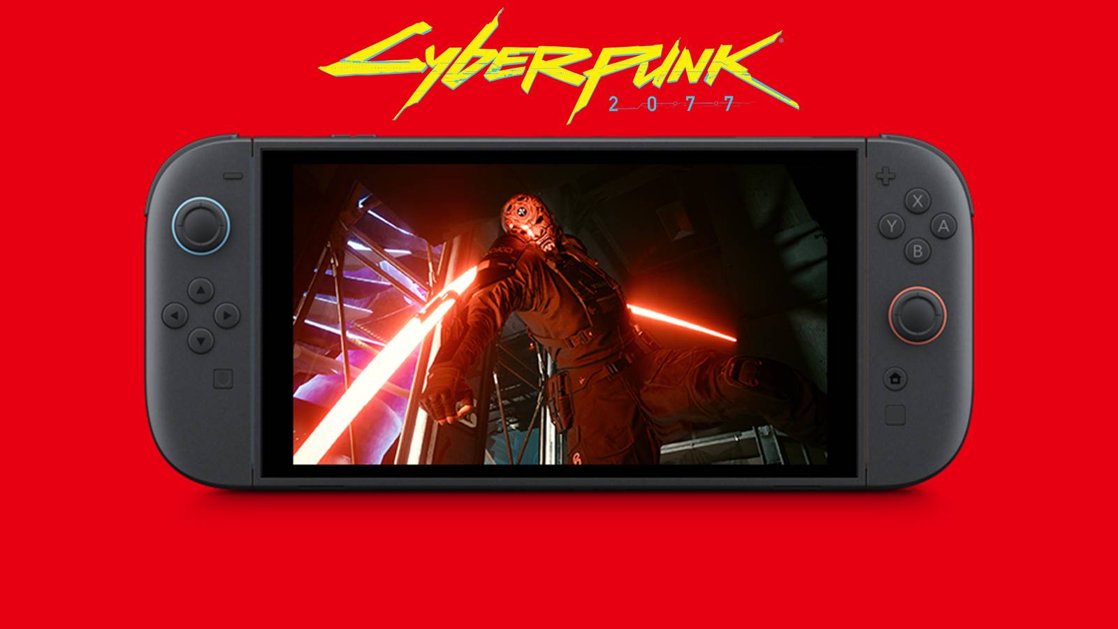 Cyberpunk 2077 Nintendo Switch 2 promo key art red background 2x1 composite with game logo