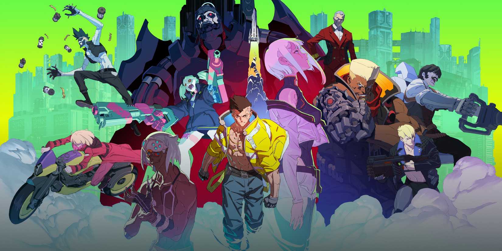 A banner of many characters from Cyberpunk: Edgerunners