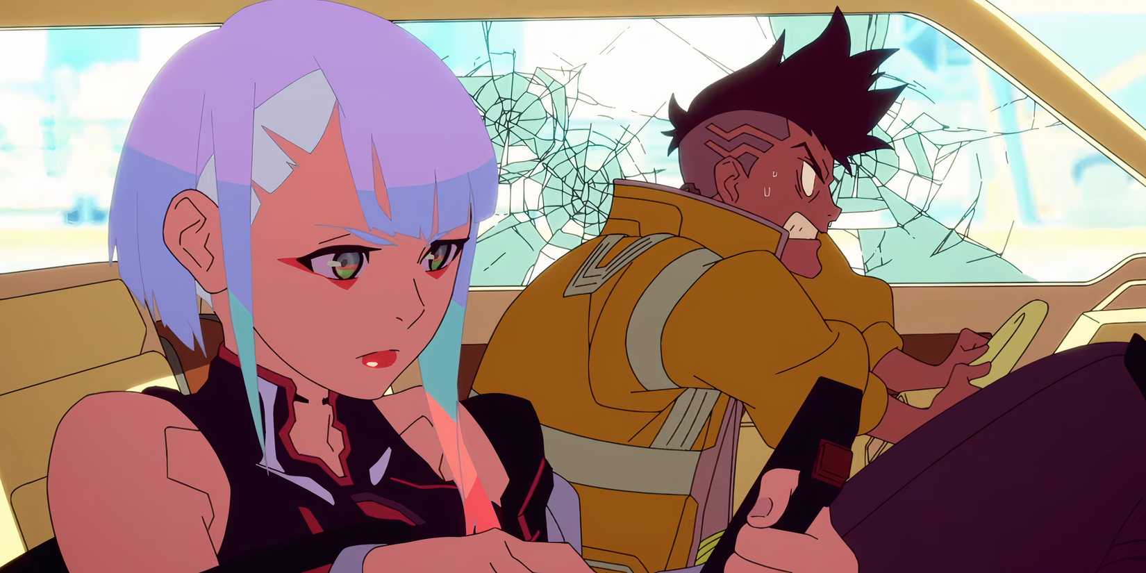 David Martinez and Lucy inside a car in Cyberpunk: Edgerunners