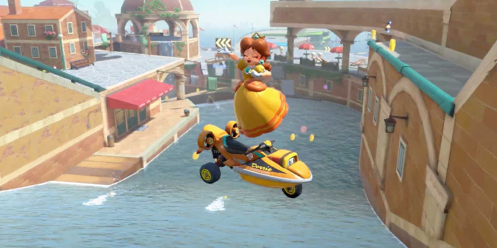 Daisy driving a jet ski in Mario Kart World