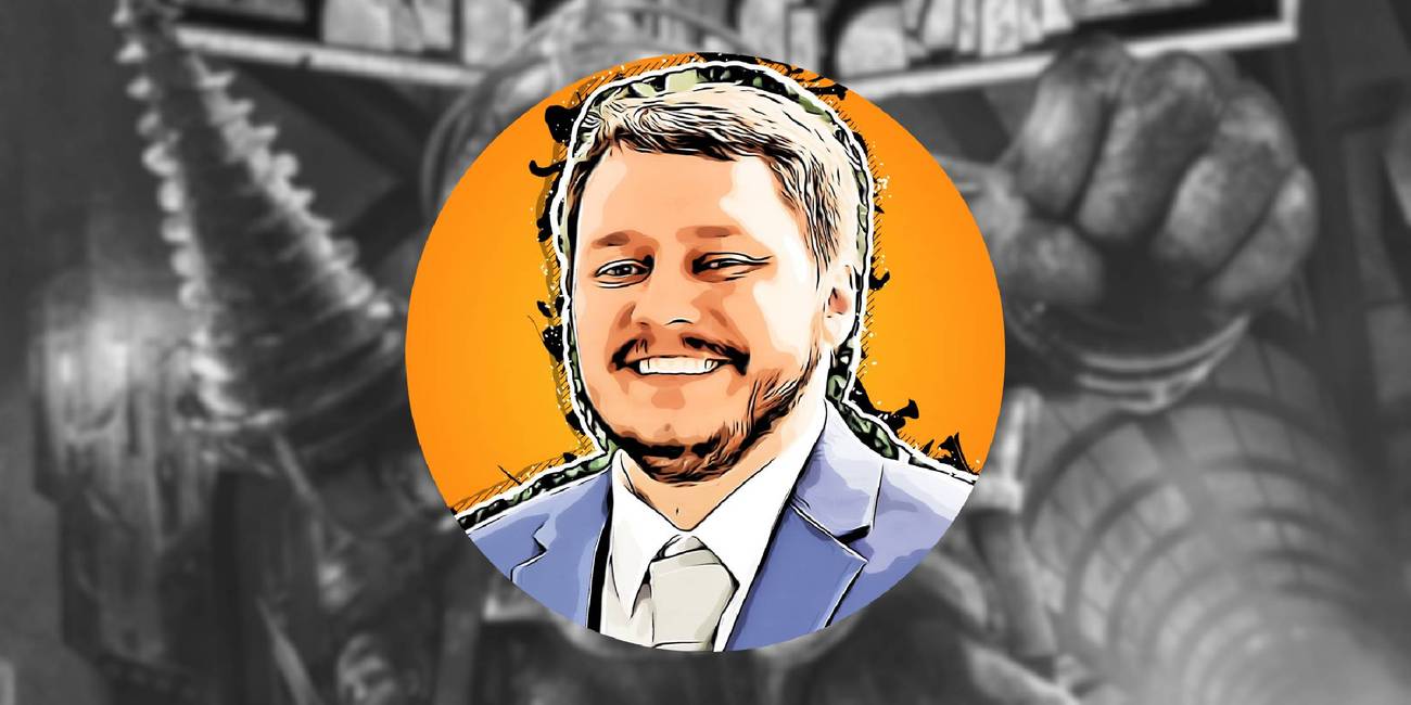 Dalton Cooper over a blurred background of BioShock game cover