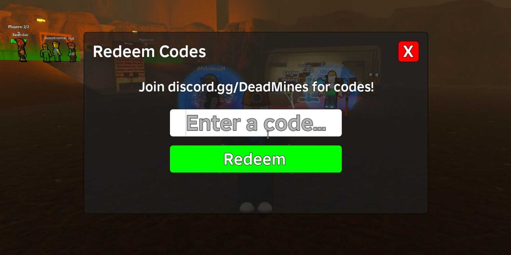 Dead Mines the codes tab