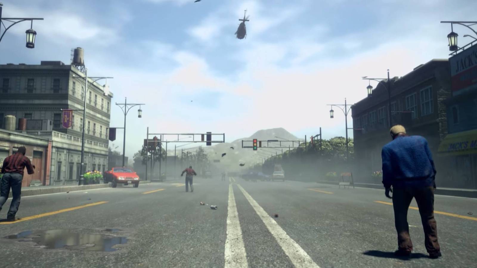 A shot of zombies in the street from Dead Rising Deluxe Remaster