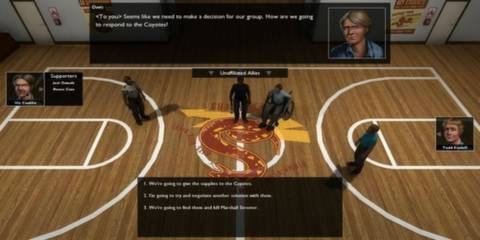 Steam ss of the game, group of people talking with players can choose dialogues