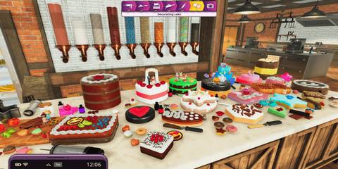 Different types of cakes on a table in Cooking Simulator Cakes and Cookies