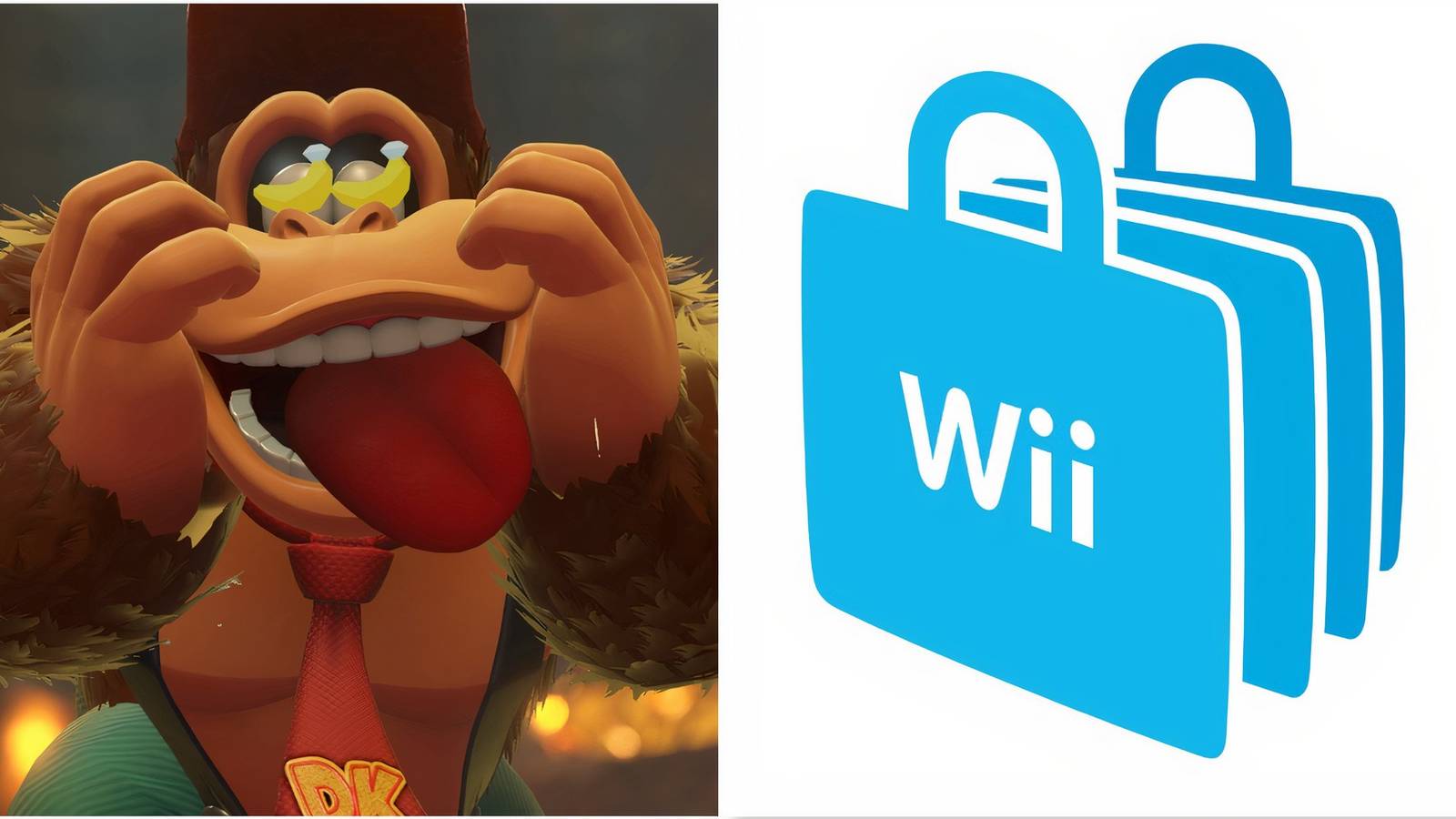 donkey kong in donkey kong bananza and The Wii Shop Channel logo
