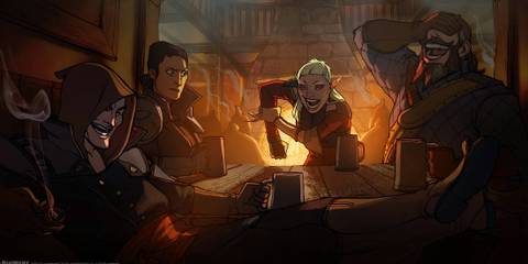 Dragon Age Inquisition official concept art of Sera recounting a story and Blackwall laughs outloud