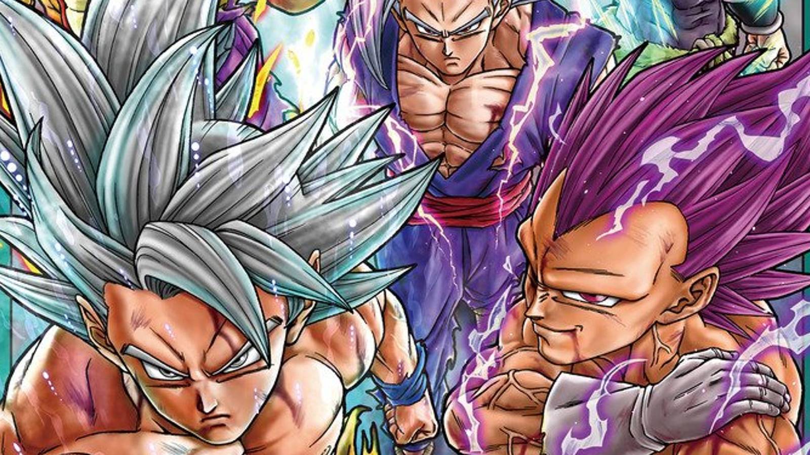 picture: a part of dragon ball super volume 24 cover, with goku ultra instinct, beast gohan and vegeta ultra ego
