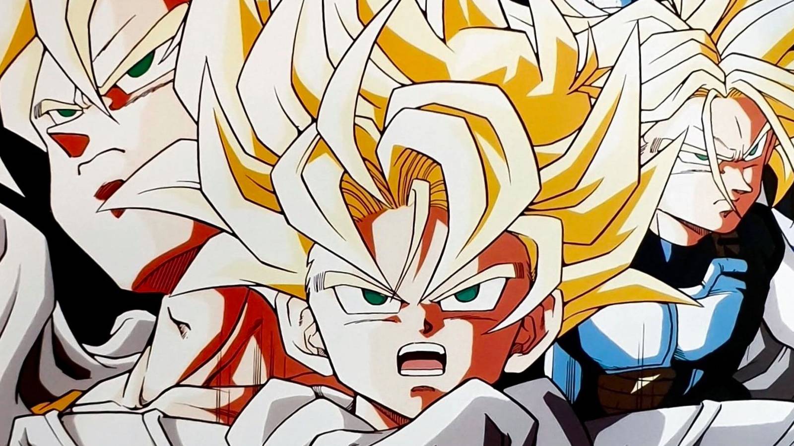 picture: super saiyan goku, ssj gohan and ssj future trunks in dbz poster.