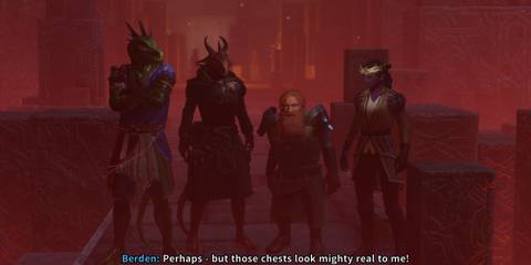 Dragonborn and adventuring party in Solasta, discussing treasure inside a dungeon with ancient magical ruins