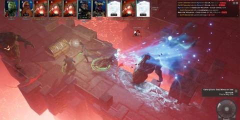 Dragonborn unleashing Cold Cone breath weapon in Solasta, battling Earth Elementals near magical treasure chests