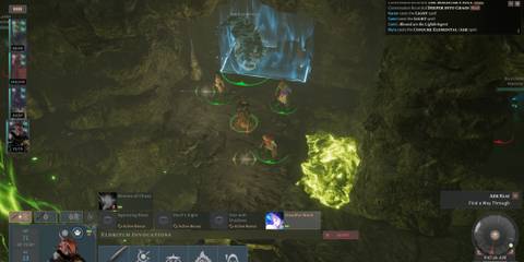 Dragonborn Warlock casting invocations in Solasta RPG, facing elemental foes inside a dark and dangerous cavern