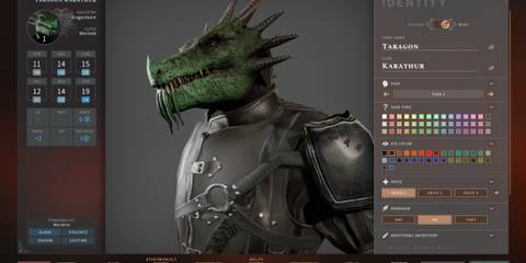 Dragonborn Warlock character creation screen in Solasta, showcasing monstrous ancestry and high Charisma stats