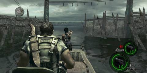 Chris Redfield driving a boat in Resident Evil 5
