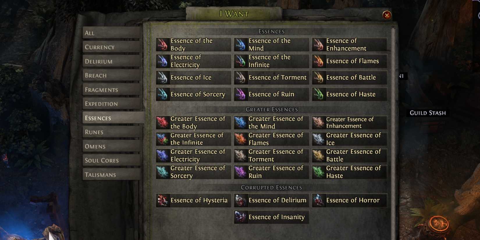 Essence for sale on the currency exchange in path of exile 2