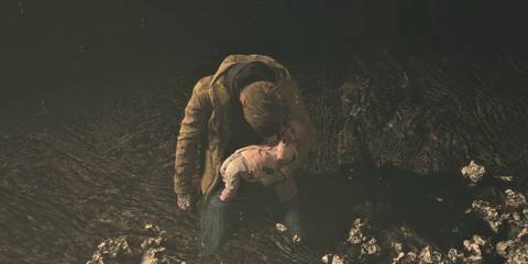 Ethan holding Rosemary in Resident Evil Village
