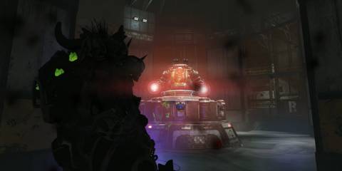 Fallout 76 Gleaming Depths Raid First Boss Stage Player in Power Armor Fighting EN06 Guardian Robot