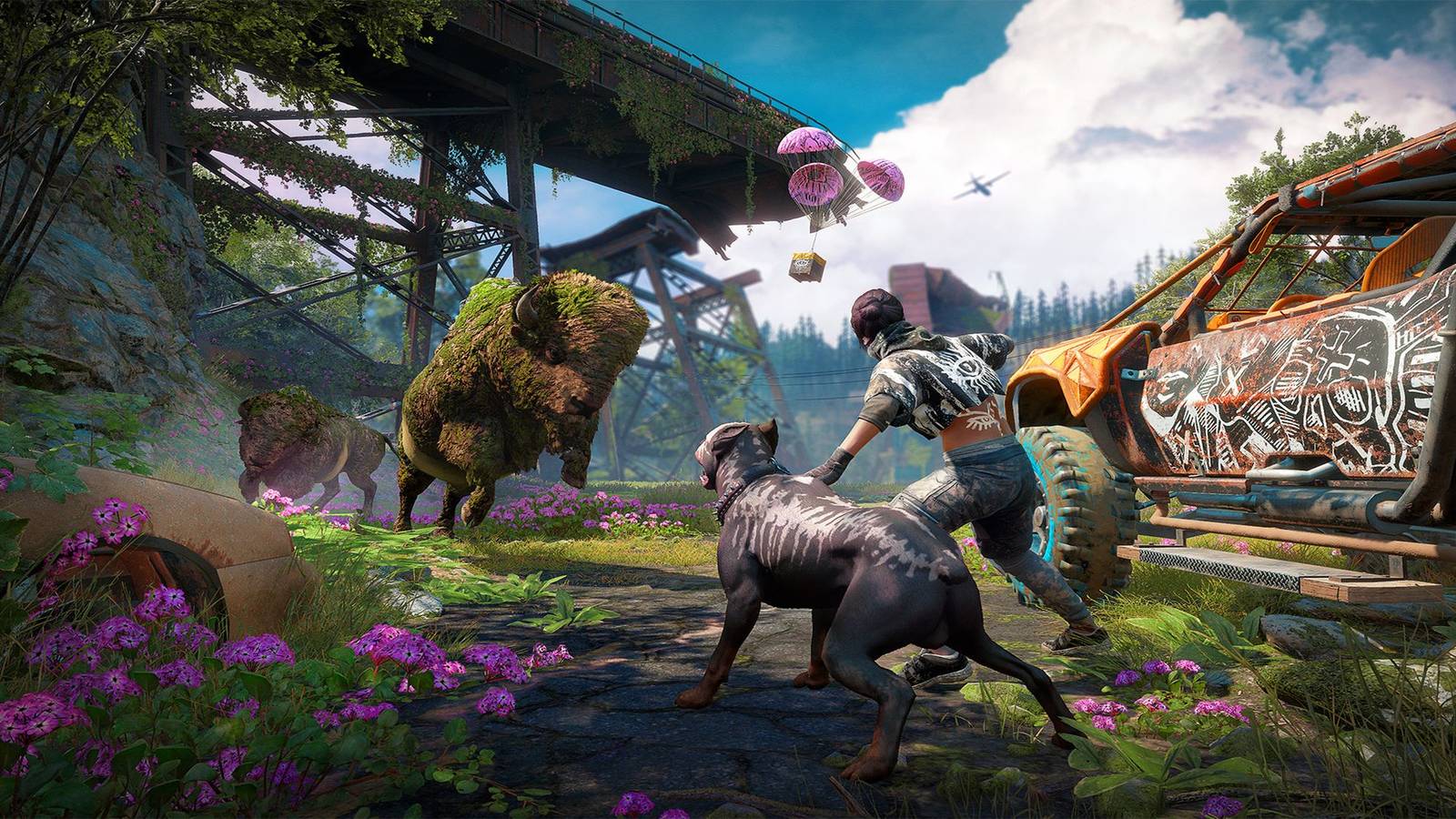 Far Cry New Dawn buffalo vs character and dog