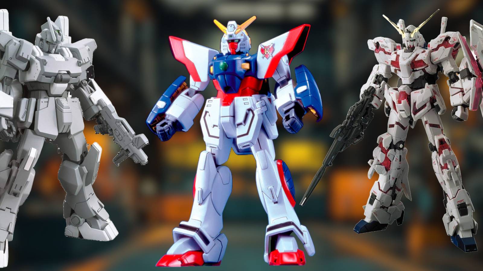 Image of three gundam model kits on a cartoon airport hangar background. 