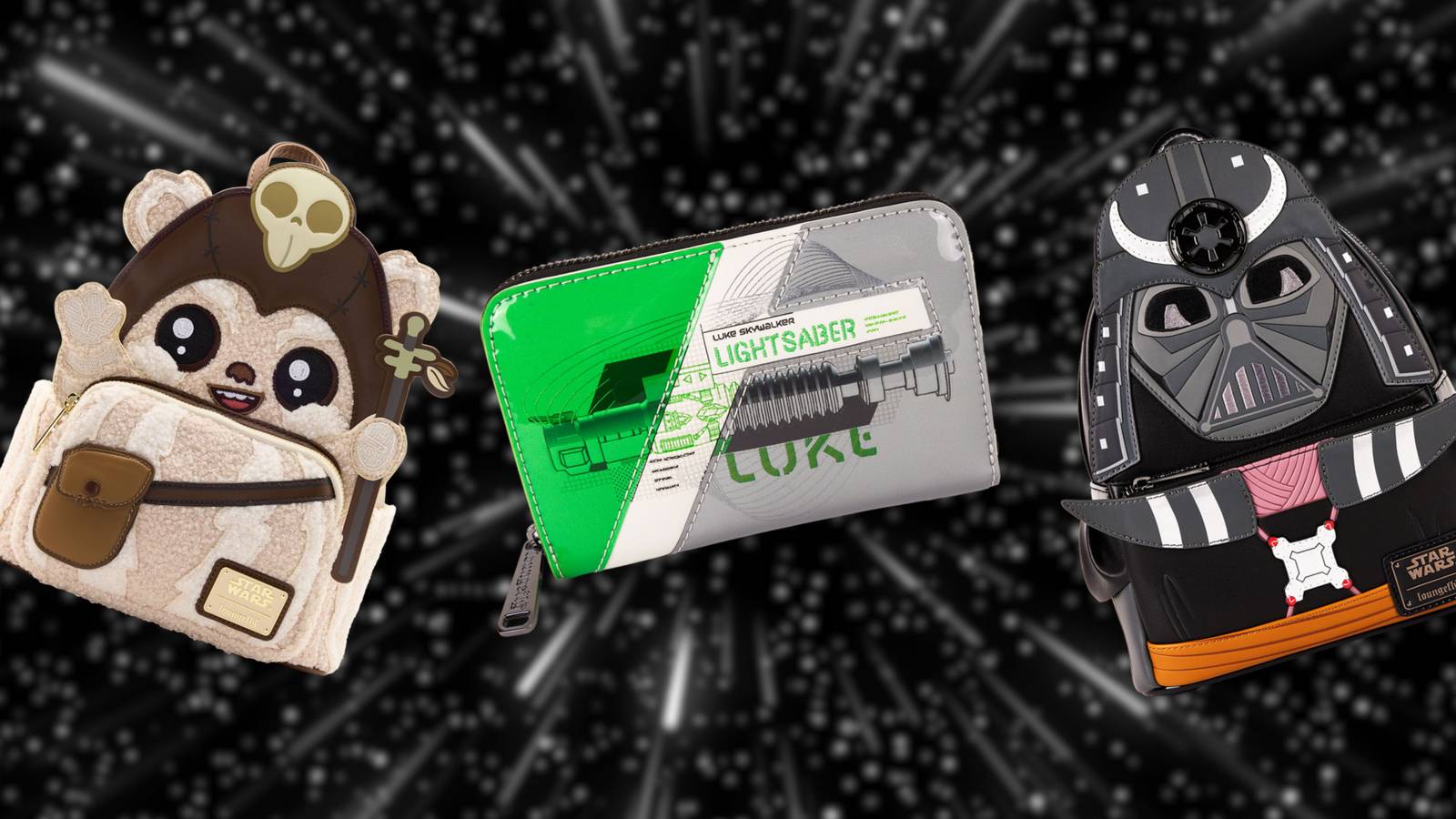 Star wars themed background with an ewok backpack, a luke skywalker wallet, samurai backpack as well. 