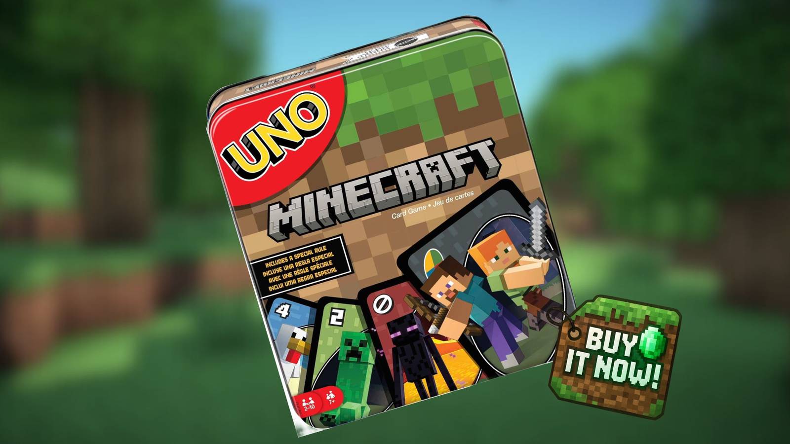 Minecraft background overlaid with a product shot of the UNO Minecraft edition, with a tag that says 
