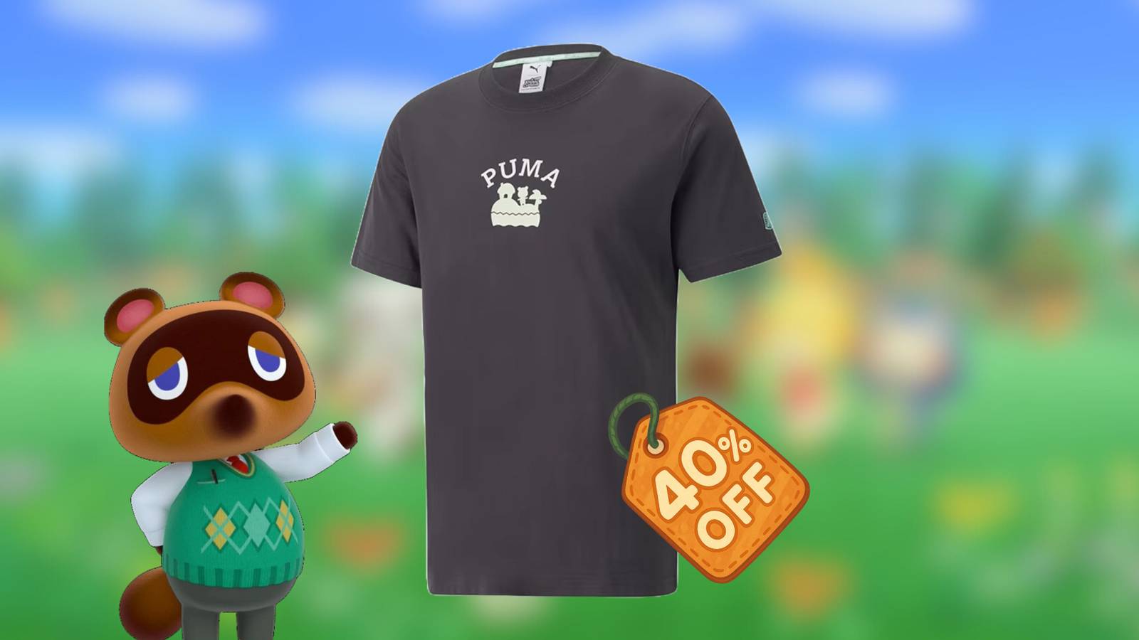 Image of the animal crossing background overlaid with a t shirt and a character from animal crossing. 