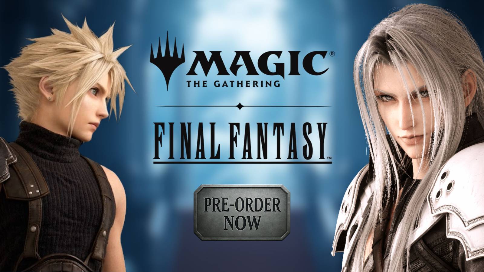 Image of the FInal Fantasy MTG kit with a sign that says pre-order now. 