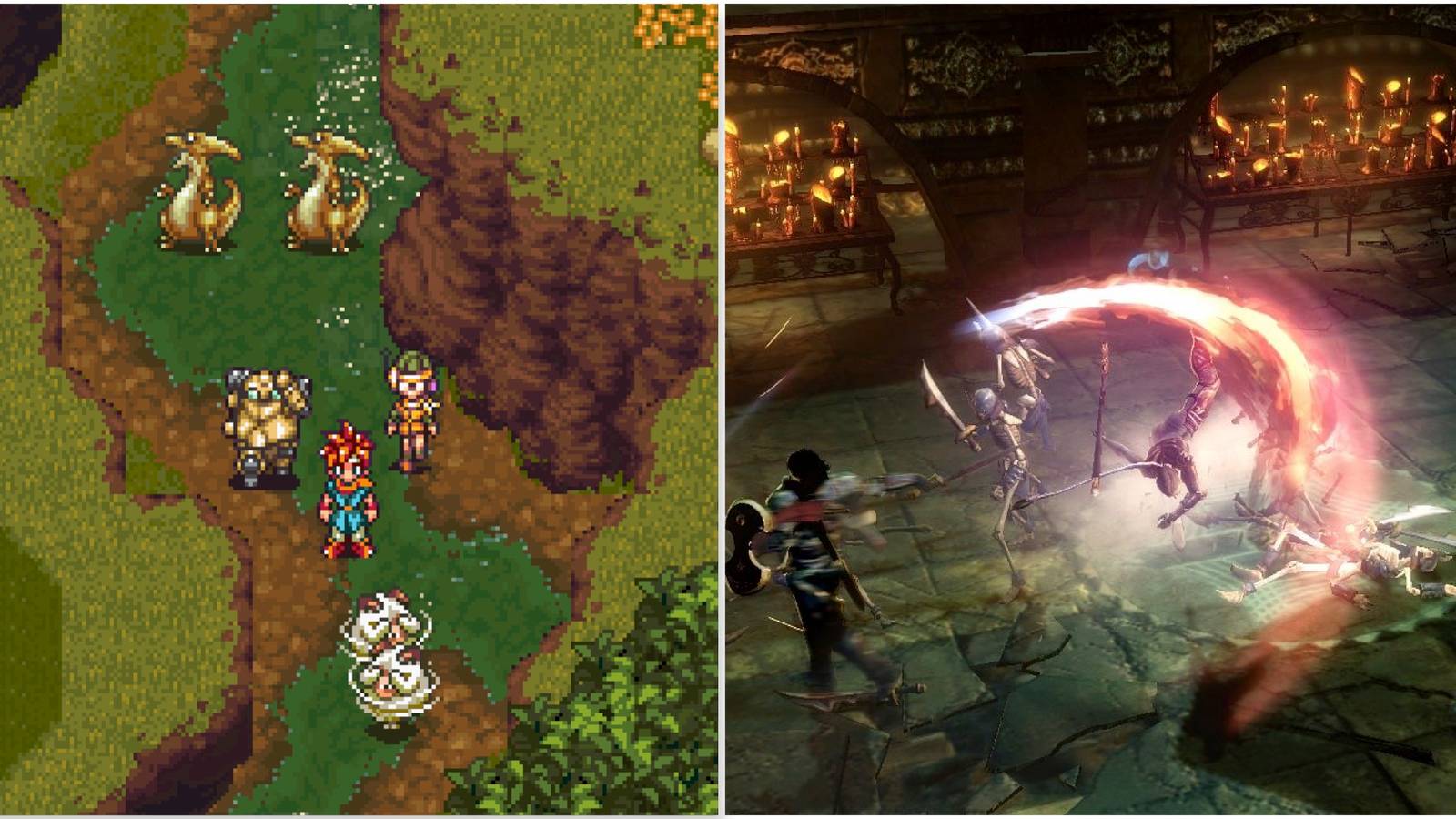 Fighting a battle in Chrono Trigger and Slashing enemies in Dungeon Siege 3