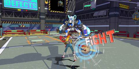 Fighting a boss in Hi-Fi Rush