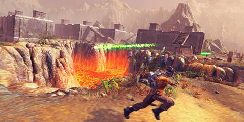 Firing lasers at enemies in Outcast Second Contact