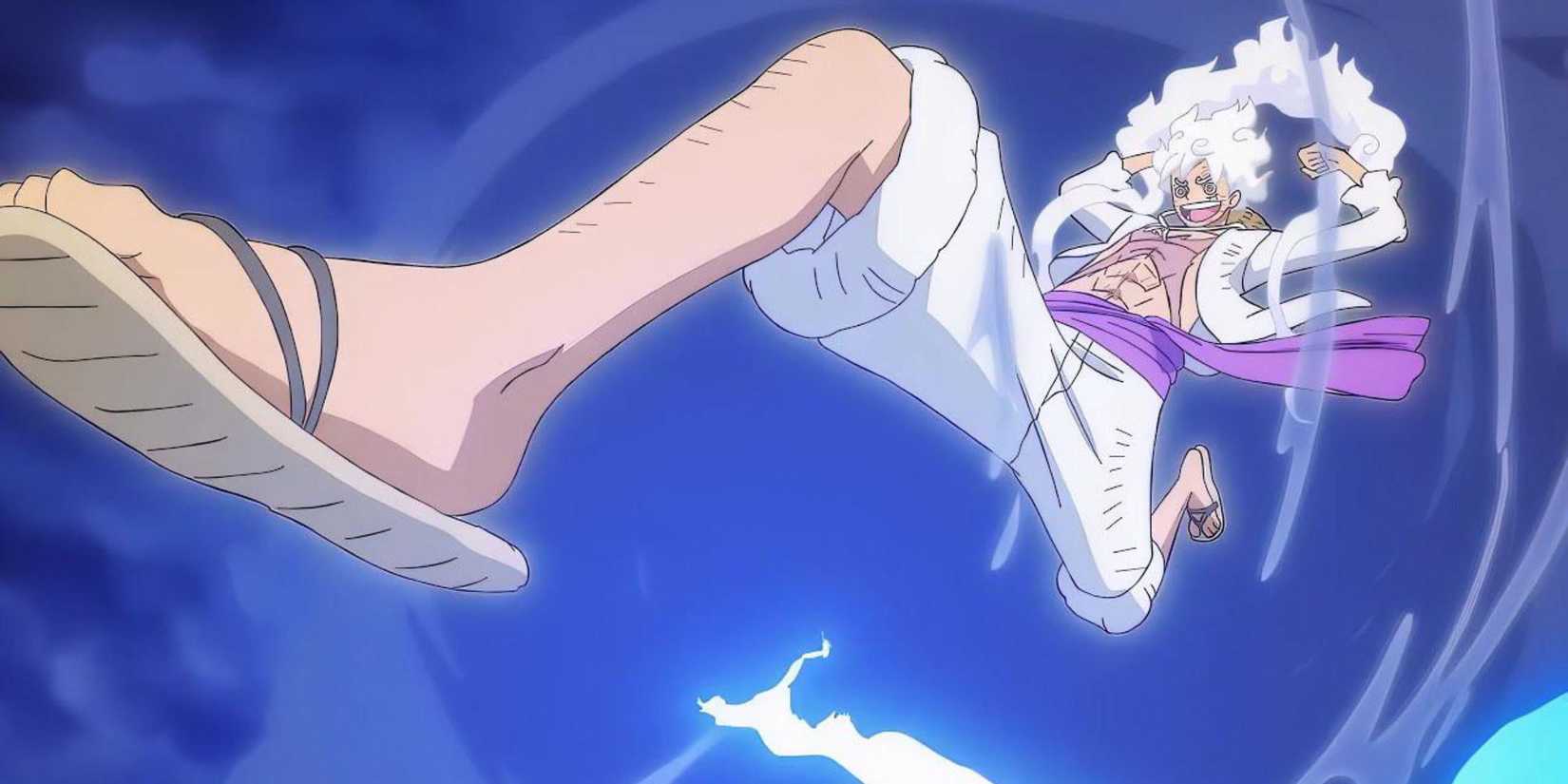 Luffy leaps through the air in Gear 5 mode.
