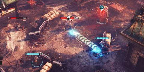 The squad fighting Locust enemies in Gears Tactics