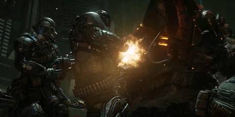 The squad fighting the Hydra in Gears Tactics