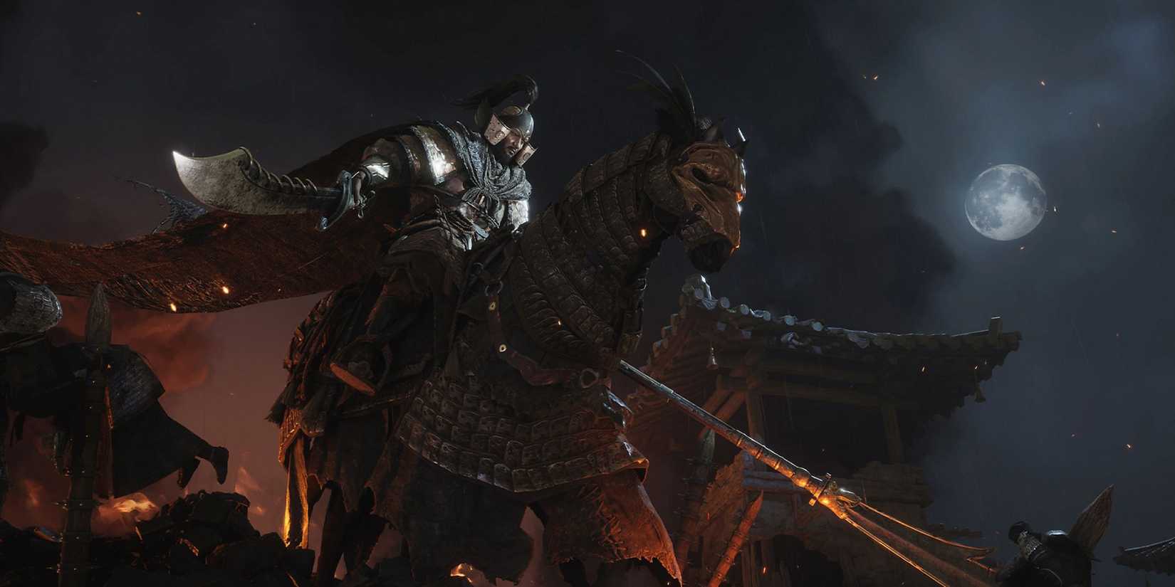 Um personagem montado em um cavalo em Where Winds Meet.