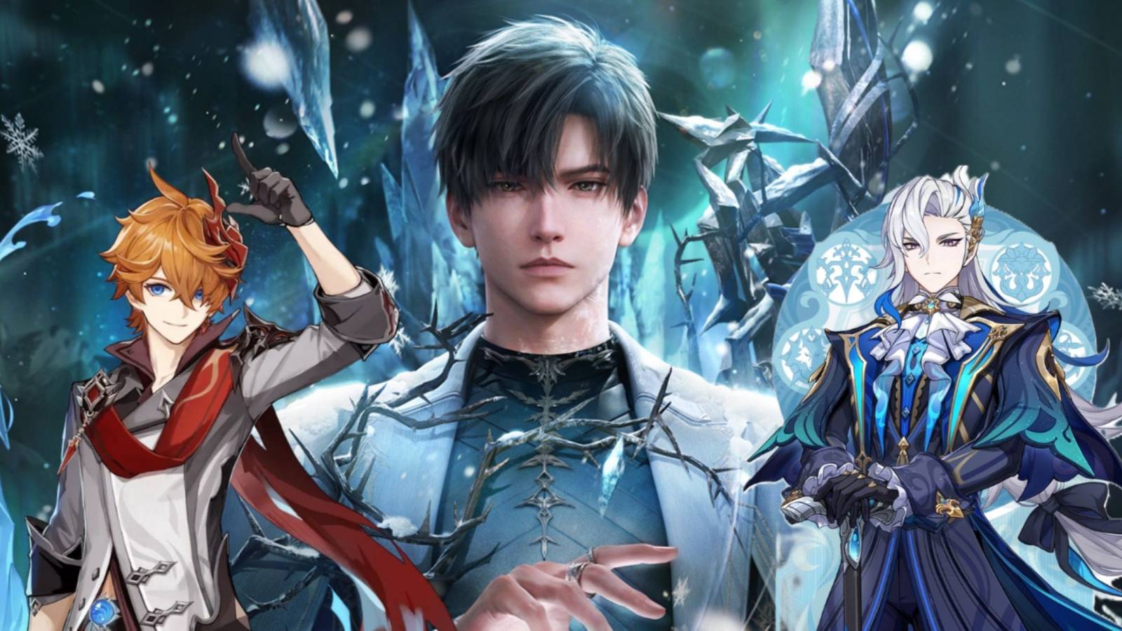 love and deepspace's zayne with genshin impact's tartaglia and neuvilette in the foreground