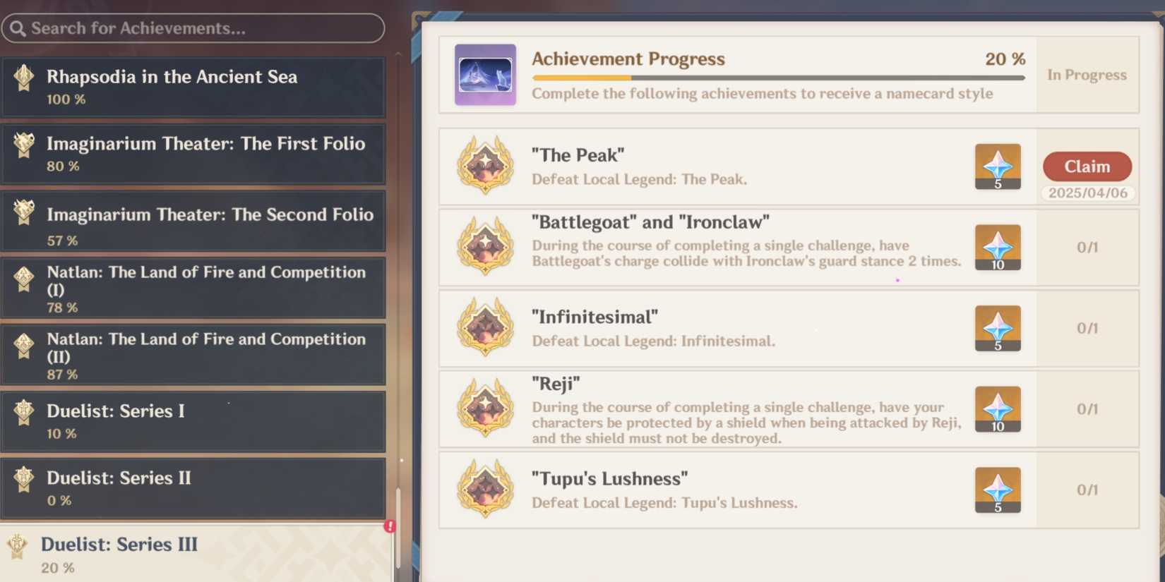 Genshin Impact Local Legend The Peak Achievements