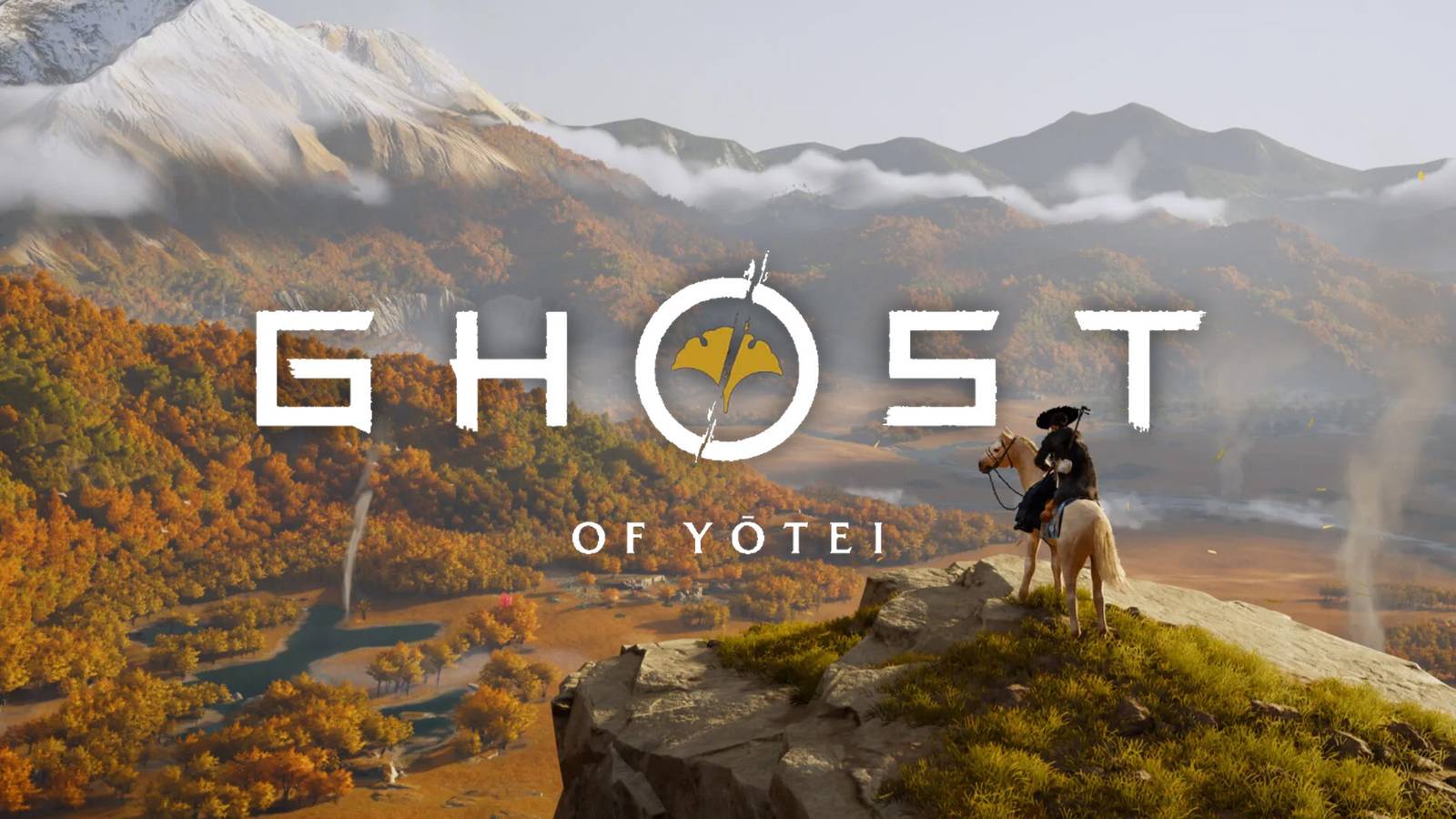 Ghost of Yotei autumn mountain view Atsu on a horse on a cliff next to game logo 2x1 composite