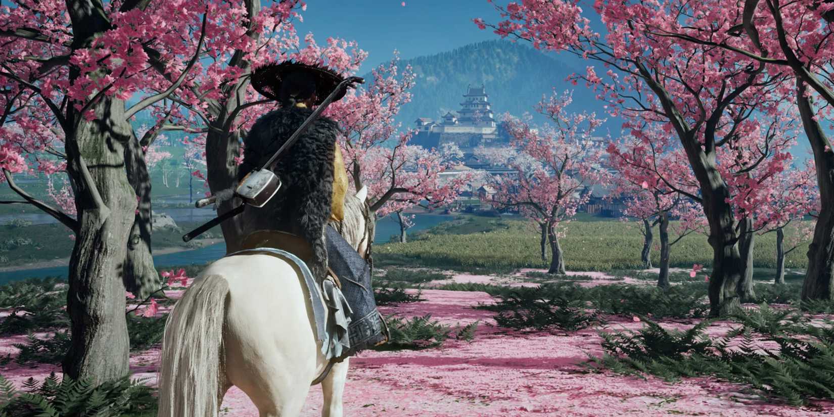 Ghost of Yotei pink environment Atsu horse riding