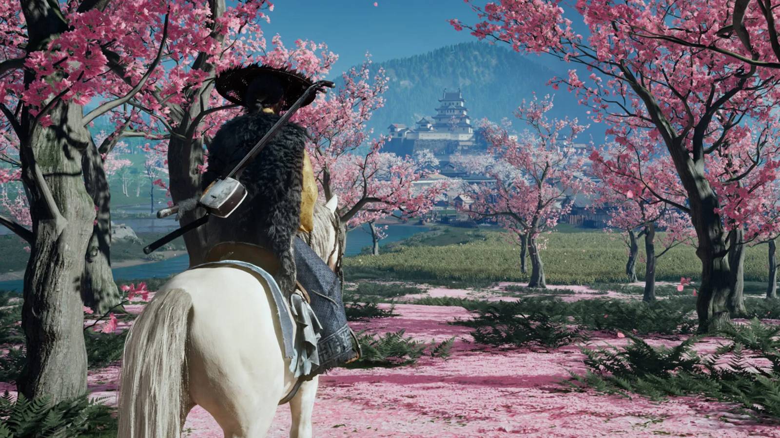 Ghost of Yotei pink environment Atsu horse riding