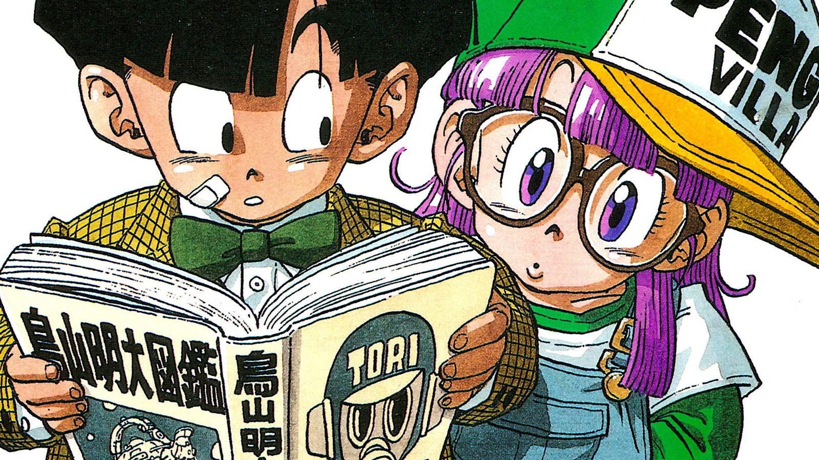 picture: gohan and arale reading a book by toriyama in an official illustration.