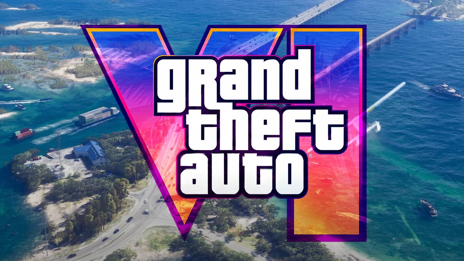 Grand Theft Auto 6 VI logo over aerial shot of state of Leonida islands bridge boats