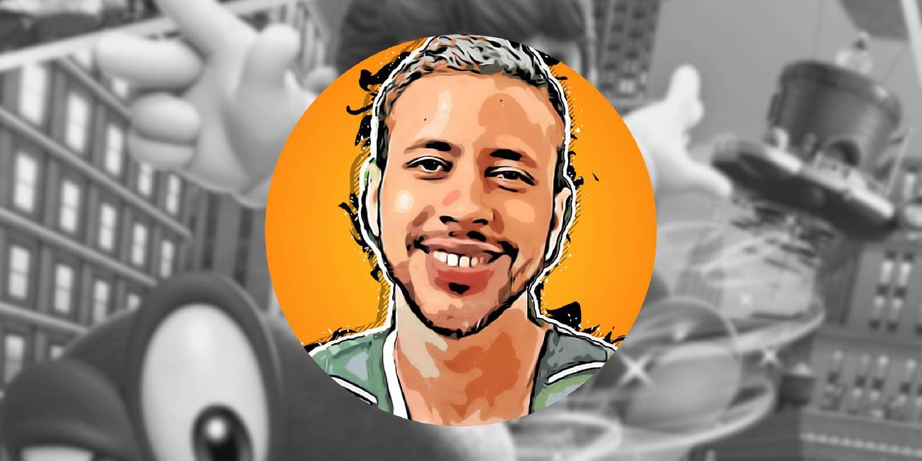 Greysun Morales over blurred background of Super Mario Odyssey cover