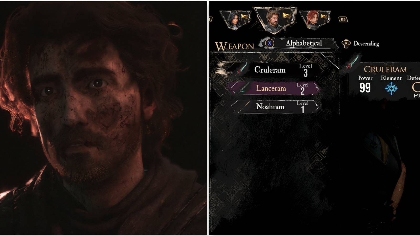 Gustave and weapon menu in Clair Obscur Expedition 33