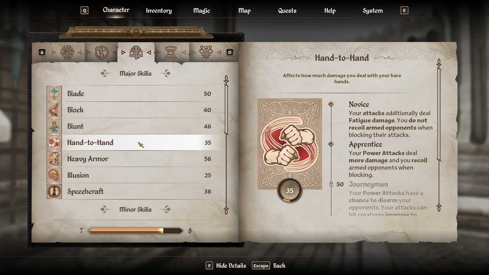 hand-to-hand major skill