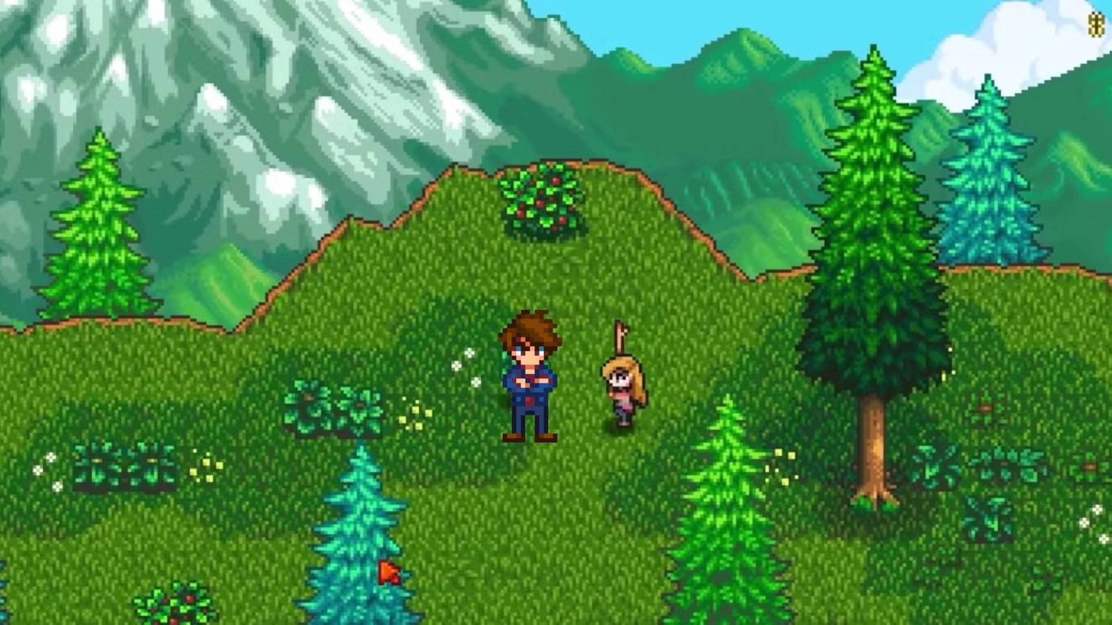 A character from Haunted Chocolatier swinging a stick at Kel from Stardew Valley